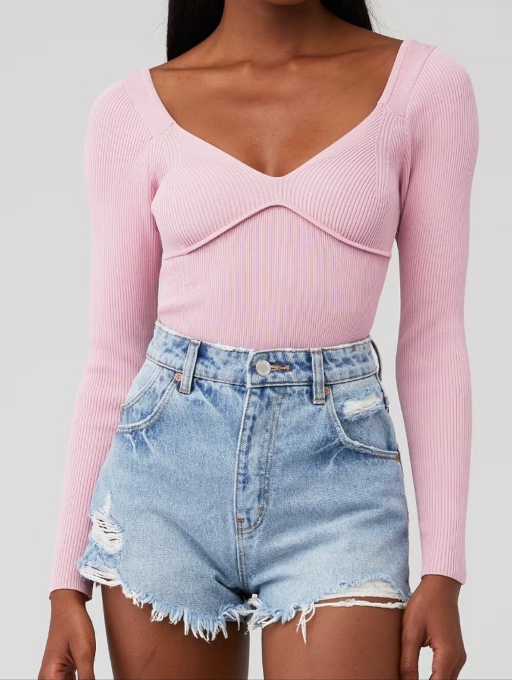 ASTR the Label Tarzana Sweetheart Ribbed Knit Long Sleeve Top Orchid Pink Size M
